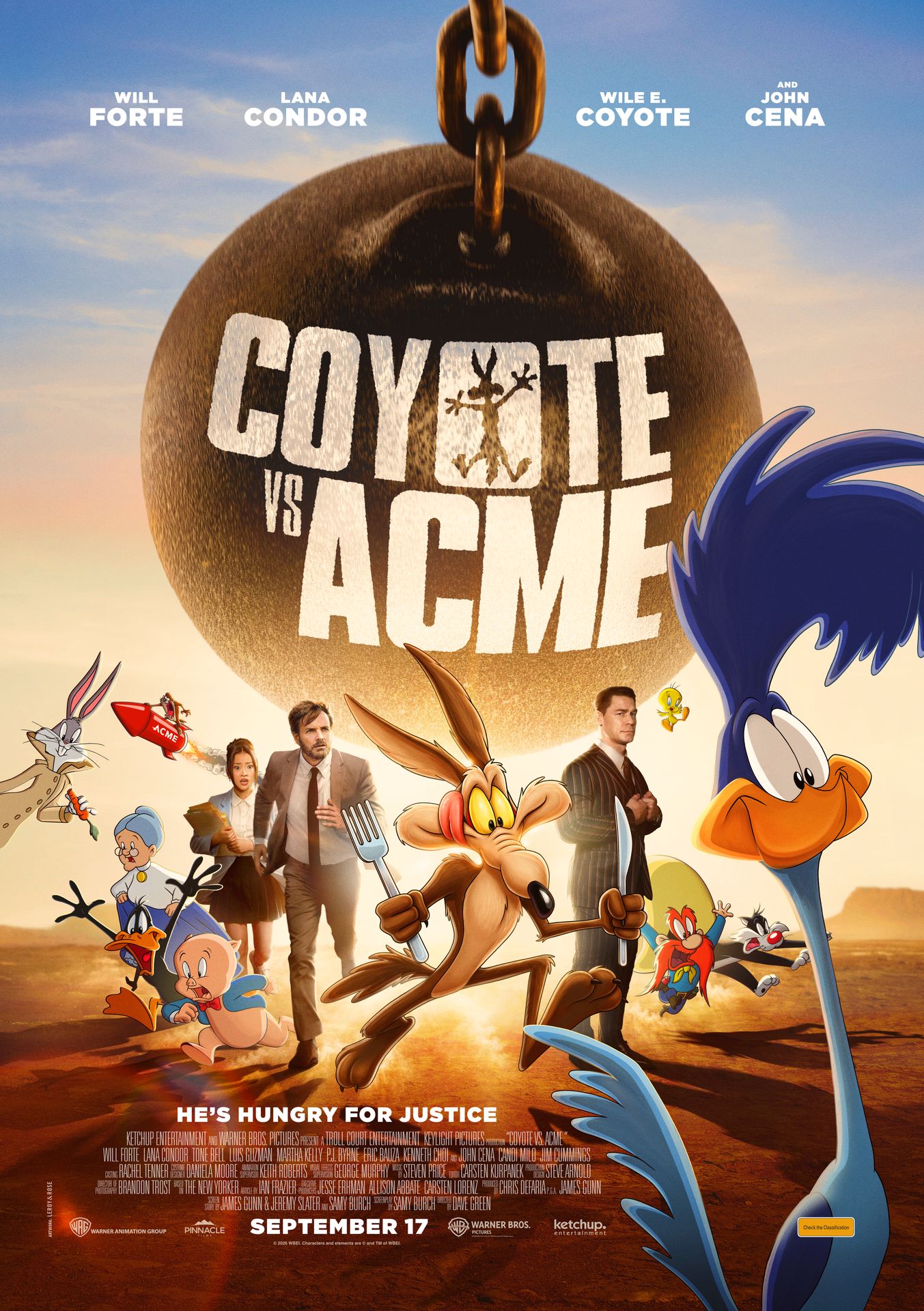 A movie poster of Coyote vs. Acme. Starring Tone Bell, John Cena, Lana Condor, Will Forte. Release date 17 09 2026.