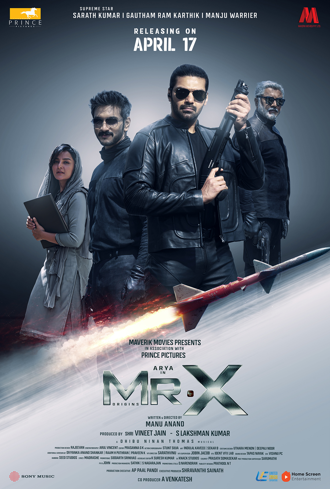 A movie poster of Mr. X. Starring Arya, V. Jayaprakash, Gautham Karthik, R. Sarathkumar, Kaali Venkat, Manju  Warrier. Release date 17 04 2026.