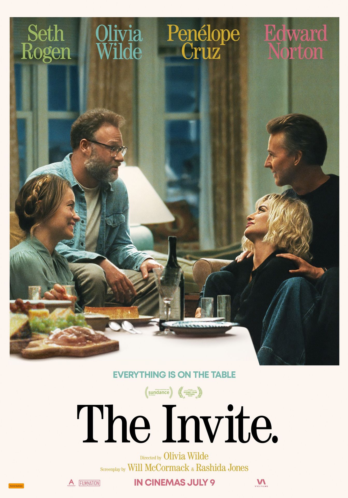A movie poster of The Invite. Starring Edward Norton, Mario Valdez, Mel Powell, Olivia Wilde, Penélope Cruz, Rachel Thurow, Seth Rogen, Skip Howland. Release date 09 07 2026.