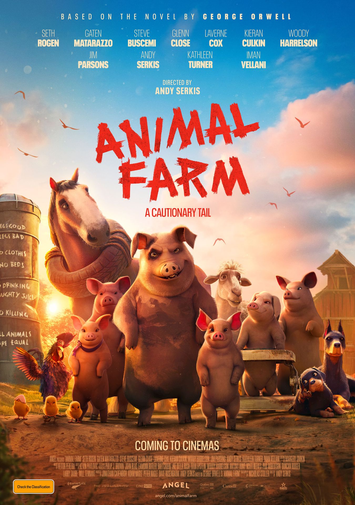 A movie poster of Animal Farm. Starring Gaten Matarazzo, Glenn Close, Iman Vellani, Jim Parsons, Kathleen Turner, Kieran Culkin, Laverne Cox, Seth Rogen, Steve Buscemi, Woody Harrelson. Release date 16 07 2026.