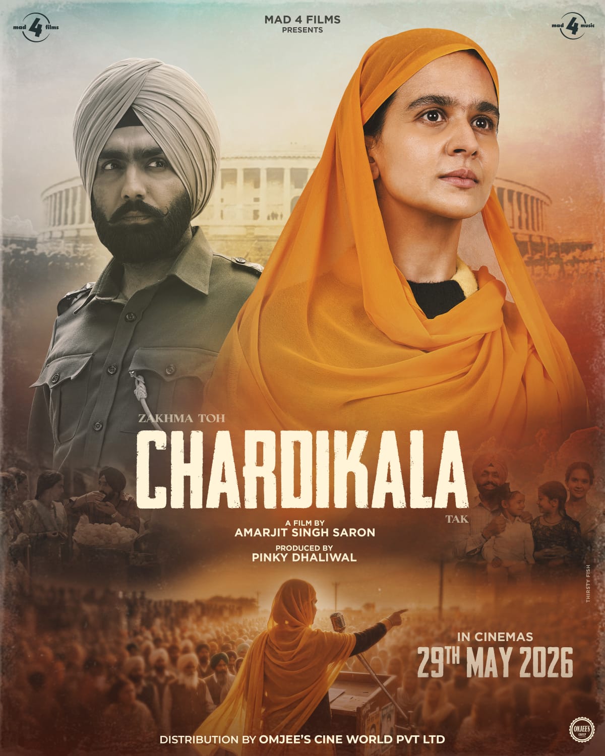 A movie poster of Chardikala. Starring Aks Mehraj,Ammy Virk,Himmat Sandhu,Jarnail Singh,Naiqra Dhillon,Roopi Gill,Seema Saini.