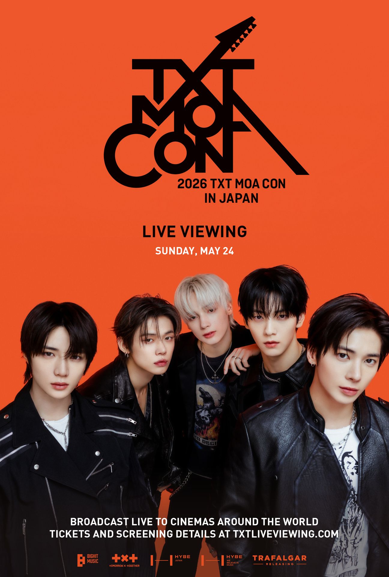 A movie poster of 2026 TXT MOA CON in Japan: Live Viewing. Starring Beomgyu,Hueningkai,Soobin,Taehyun,TOMORROW X TOGETHER,Yeonjun.