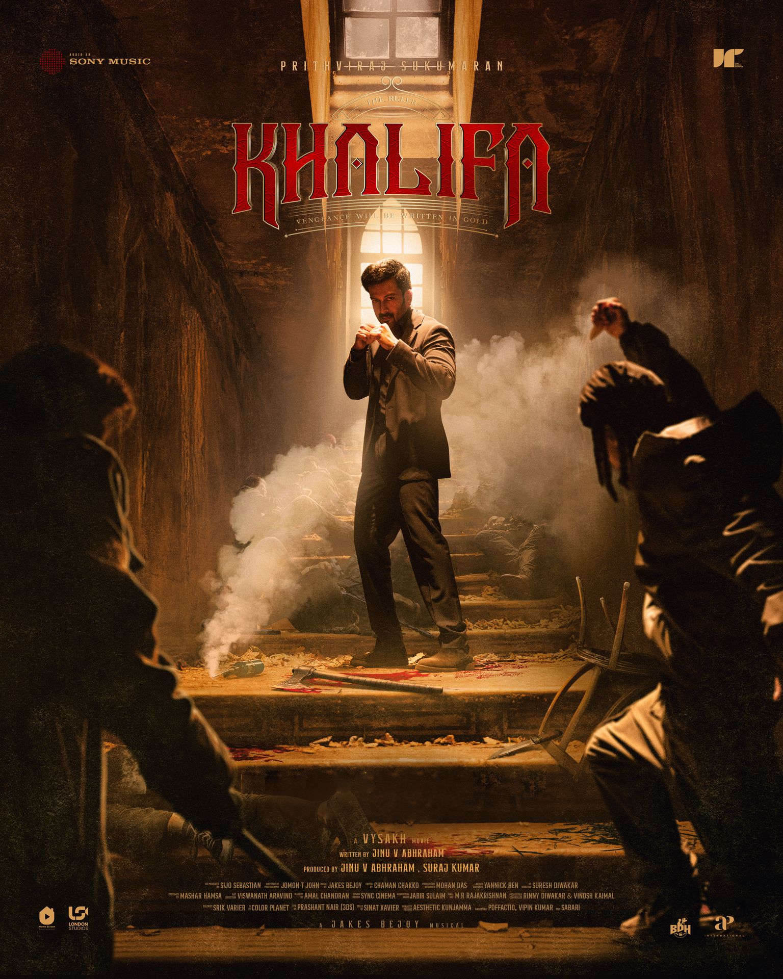 A movie poster of Khalifa. Starring Anand Manmadhan, Indrans, Johny Antony, Krithi Shetty, Mohanlal, Neil Nitin Mukesh, Prithviraj Sukumaran, Sanju Sivaram, Sathyaraj, Shammi Thilakan, Vidyut Jammwal.