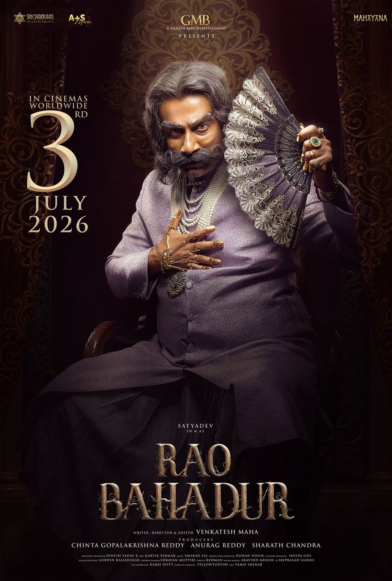 A movie poster of Rao Bahadur. Starring Anand  , Satyadev Kancharana, Kunal Kaushik, Master Kiran, Vikas Muppala, Bala Parasar, Deepa Thomas, Pranay Vakka. Release date 03 07 2026.