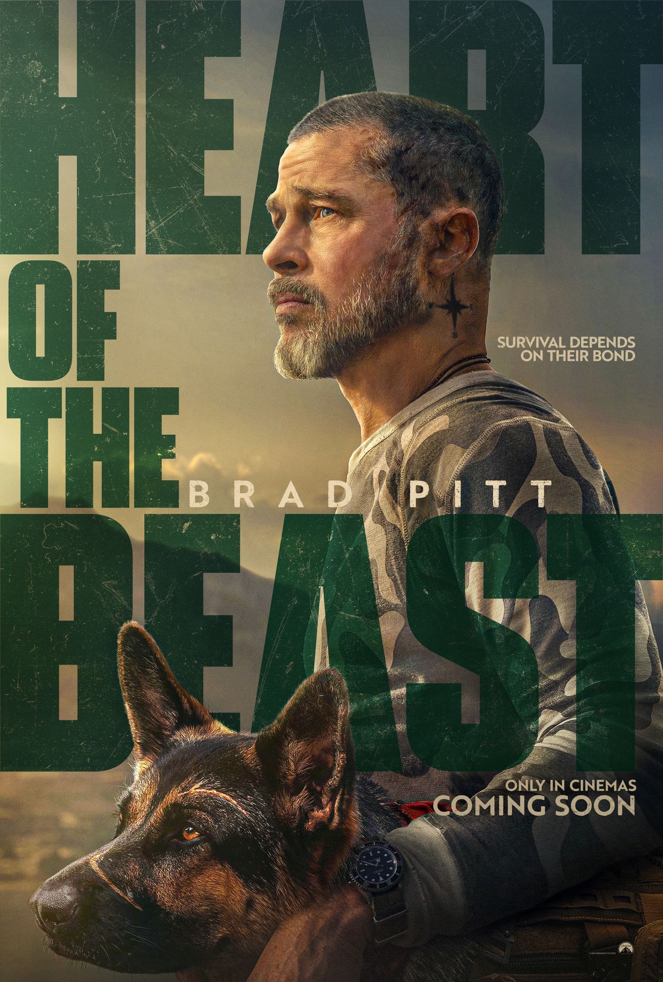A movie poster of Heart of the Beast. Starring Anna Lambe, Brad Pitt, J.K. Simmons, Uber. Release date 24 09 2026.