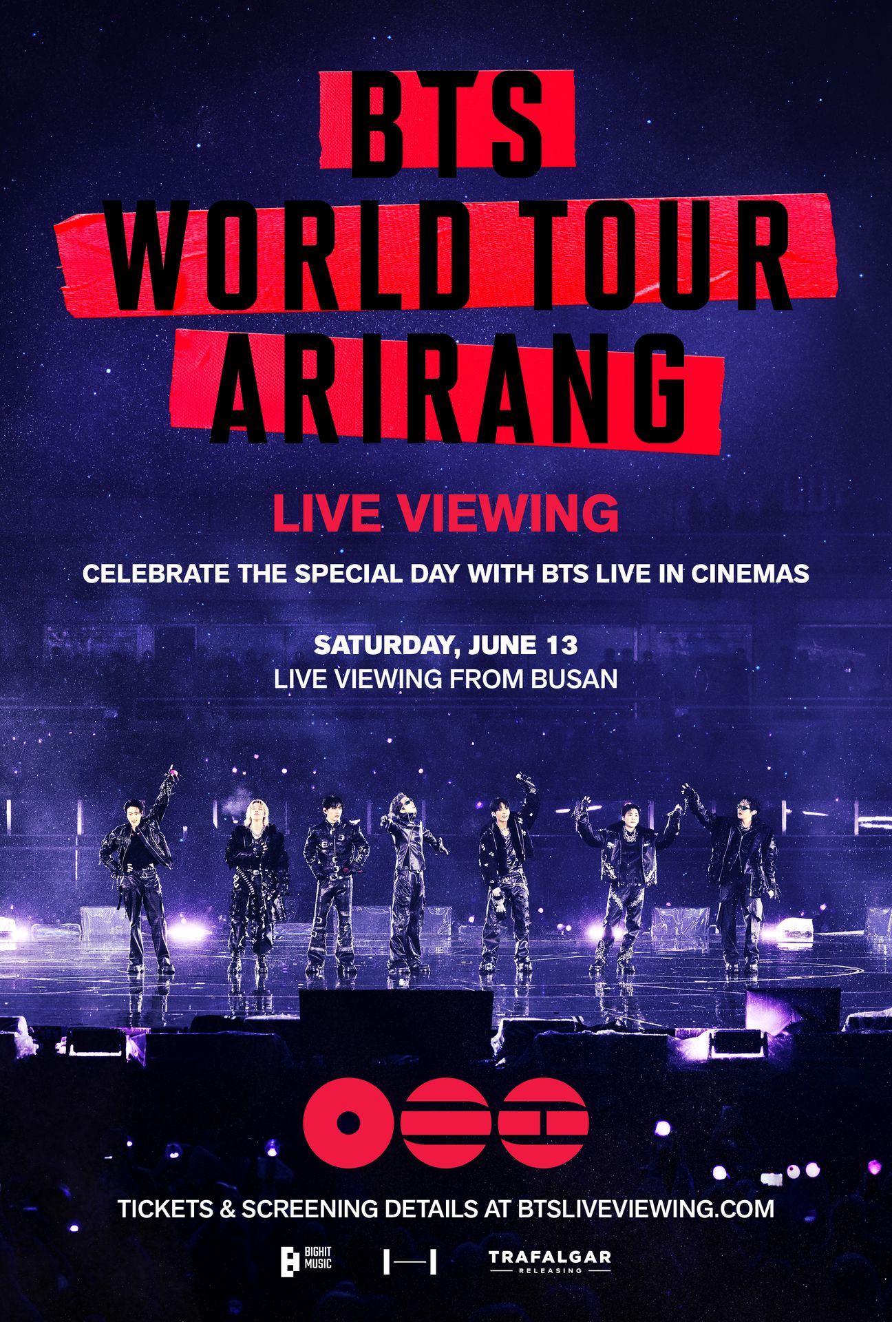 A movie poster of BTS World Tour 'Arirang' In Busan: Live Viewing. Starring BTS. Release date 13 06 2026.
