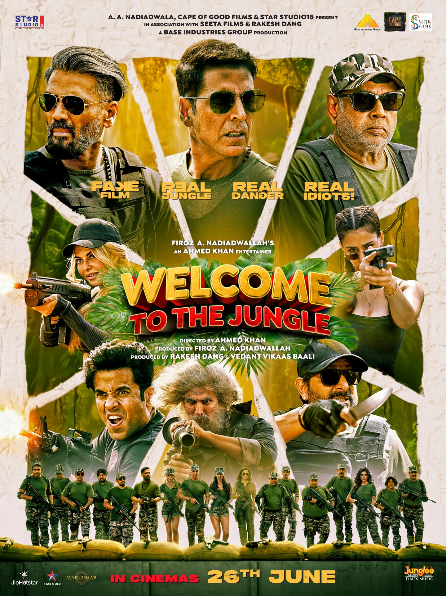 A movie poster of Welcome to the Jungle. Starring Akshay Kumar, Suniel Shetty, Zakir Hussain, Urvashi Rautela, Disha Patani. Release date 26 06 2026.