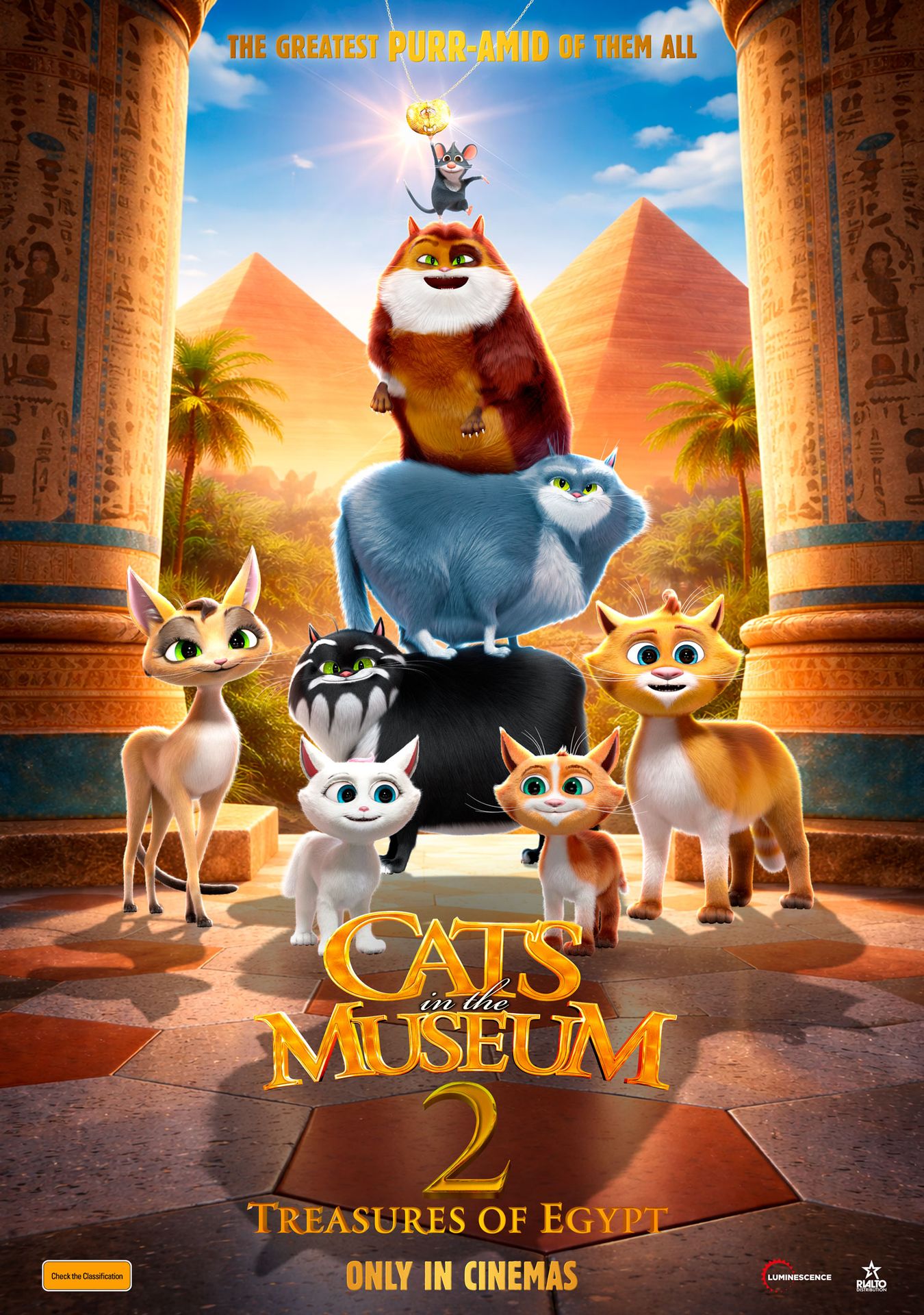 A movie poster of Cats in the Museum 2: Treasures of Egypt. Release date 02 07 2026.