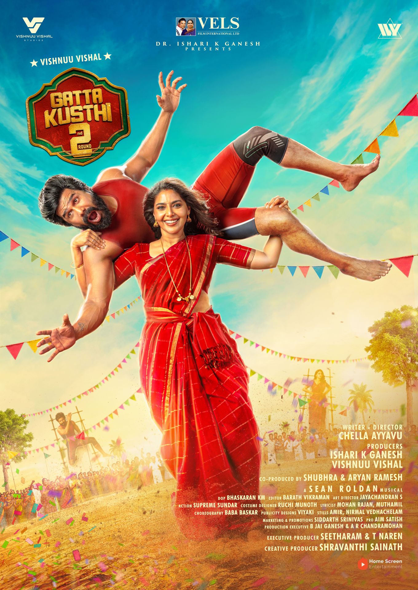 A movie poster of Gatta Kusthi 2. Starring Aishwarya  Lekshmi, Kaali Venkat, Vishnu  Vishal. Release date 03 07 2026.