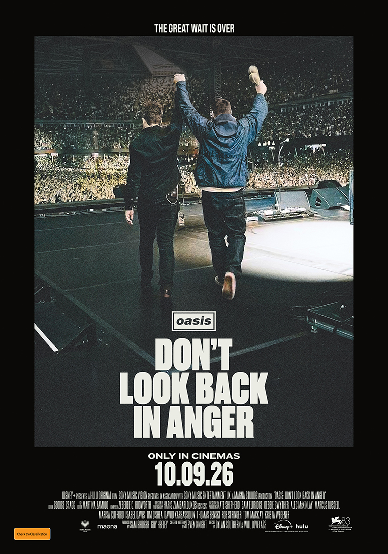 A movie poster of Oasis: Don't Look Back in Anger. Starring Liam Gallagher, Noel Gallagher. Release date 10 09 2026.