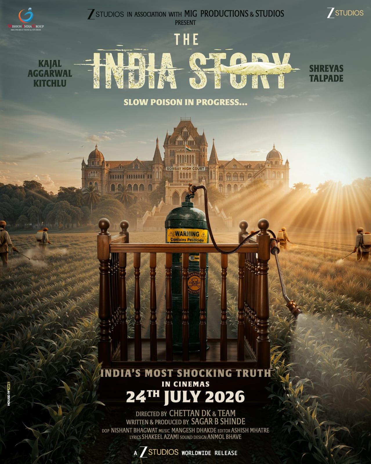 A movie poster of The India Story. Starring Kajal  Aggarwal, Ashwini Bhande, Hardika Joshi, Aaloak Kapoor, Harshita Malik. Release date 24 07 2026.