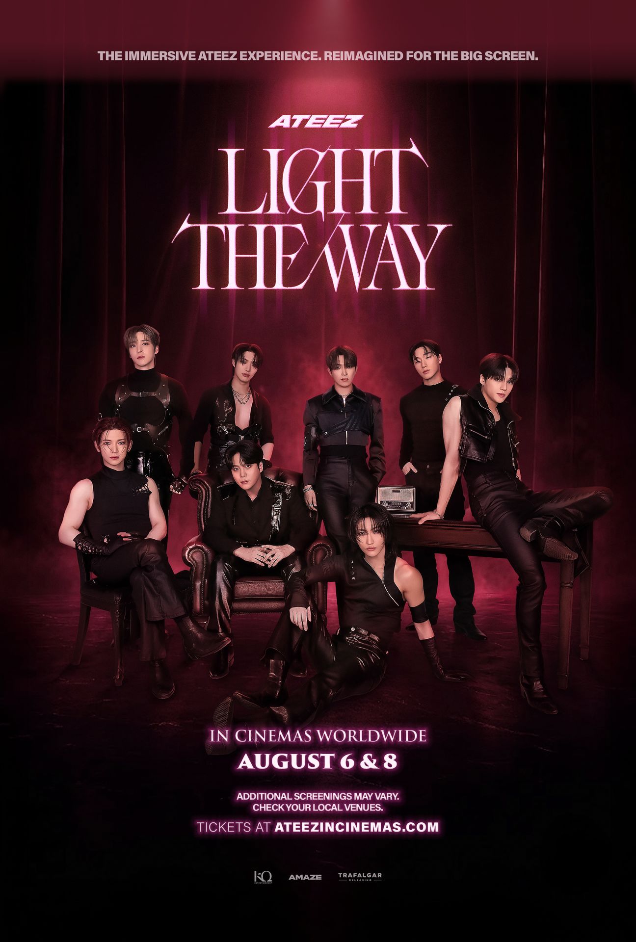 A movie poster of ATEEZ: Light the Way in Cinemas. Starring ATEEZ. Release date 06 08 2026.