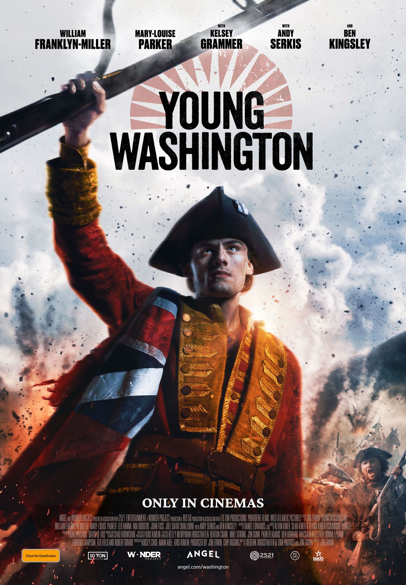 A movie poster of Young Washington. Starring Andy Serkis, Angus Castle-Doughty, Ben Kingsley, Joel Smallbone, Jonno Davies, Kelsey Grammer, Mary-Louise Parker, Mia Rodgers, William Franklyn-Miller.
