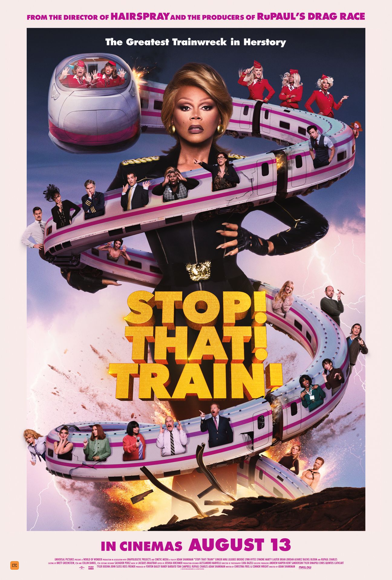 A movie poster of Stop! That! Train!. Starring Brooke Lynn Hytes, Ginger Minj, Jujube, Latrice Royale, Marcia Marcia Marcia, Monet X Change, Nicole Richie, RuPaul, Sarah Michelle Gellar, Symone.