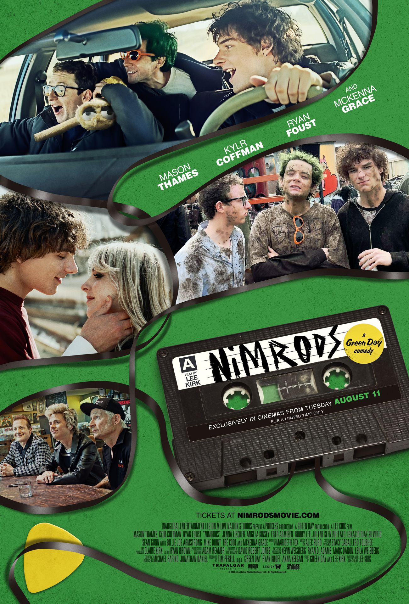 A movie poster of Nimrods: A Green Day Comedy. Starring Fred  Armisen, Green Day, Jenna  Fischer, McKenna Grace, Angela Kinsey, Mason Thames. Release date 11 08 2026.
