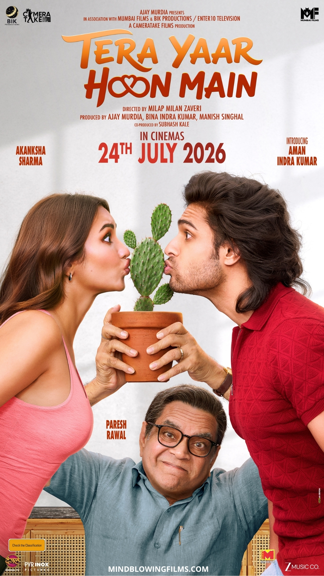 A movie poster of Tera Yaar Hoon Main. Starring Anand Acharya, Darshan Jariwala, Pooja Katurde, Aman Indra Kumar, Paresh Rawal, Akanksha Sharma. Release date 24 07 2026.