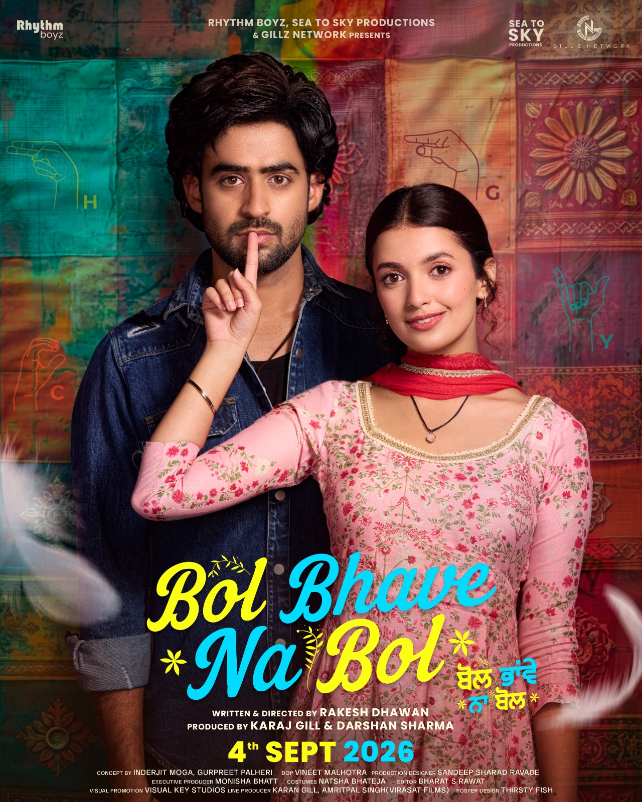 A movie poster of Bol Bhave Na Bol. Starring Sidak Gill, Jaanya Joshi. Release date 04 09 2026.