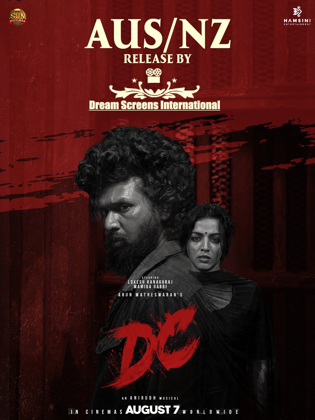A movie poster of DC. Starring Avinash Raghudevan, Lokesh Kanagaraj, Sanjana Krishnamoorthy, Wamiqa Gabbi.