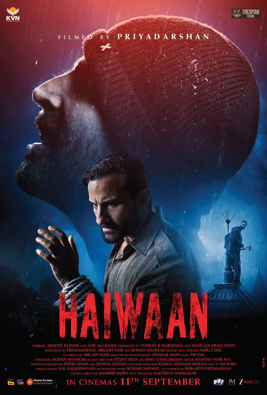A movie poster of Haiwaan. Starring Akshay Kumar, Asrani, Boman Irani, Manoj Joshi, Rajesh Sharma, Rajpal Yadav, Saif Ali Khan, Saiyami Kher, Sharib Hashmi, Shriya Pilgaonkar.