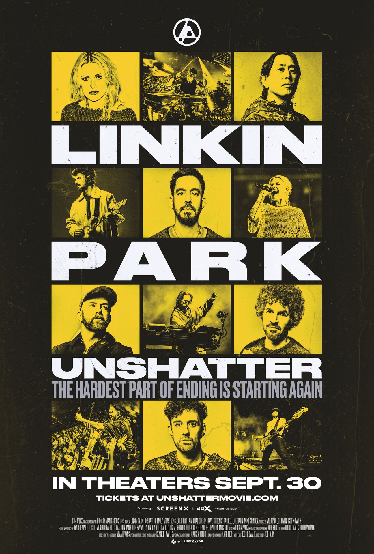 A movie poster of LINKIN PARK: UNSHATTER. Starring Alex Feder, Brad Delson, Colin Brittain, Dave 'Phoenix' Farrell, Emily Armstrong, Joseph Hahn, Mike Shinoda.