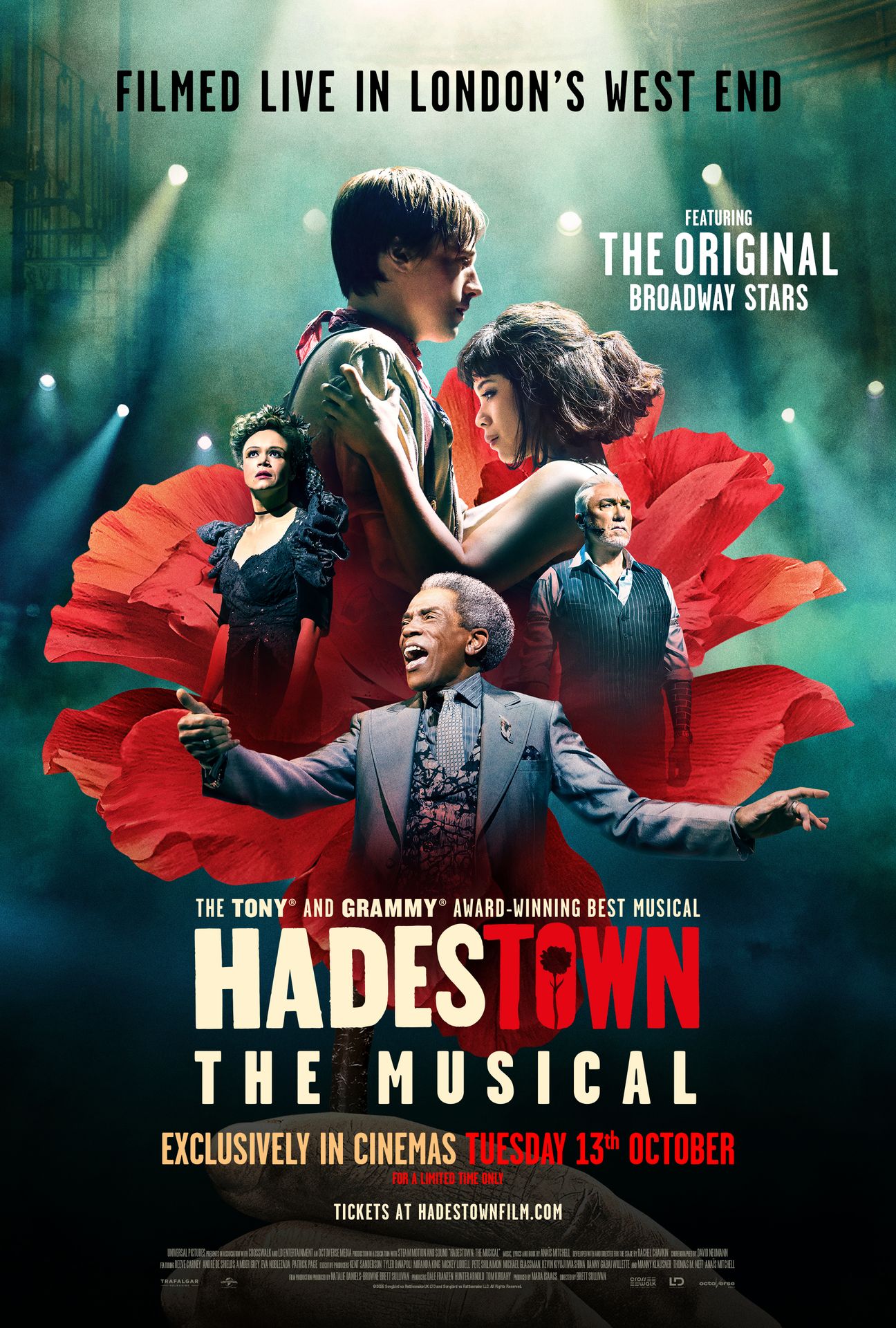 A movie poster of Hadestown: The Musical. Starring Reeve Carney, André De Shields, Amber Gray, Eva Noblezada, Patrick Page, Bella Brown, Madeline Charlemagne, Allie Daniel. Release date 13 10 2026.