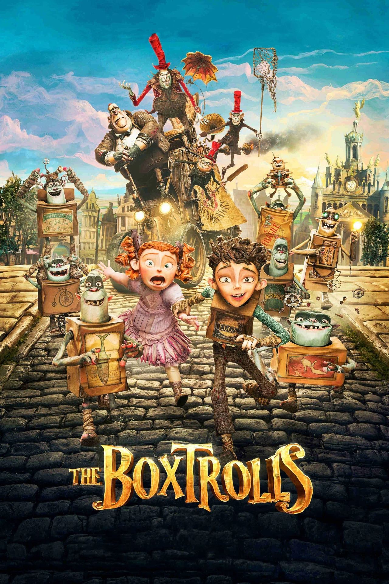 A movie poster of The Boxtrolls. Starring Ben Kingsley, Elle Fanning, Isaac Hempstead-Wright, Jared Harris, Nick Frost, Richard Ayoade, Simon Pegg, Toni Collette, Tracy Morgan.