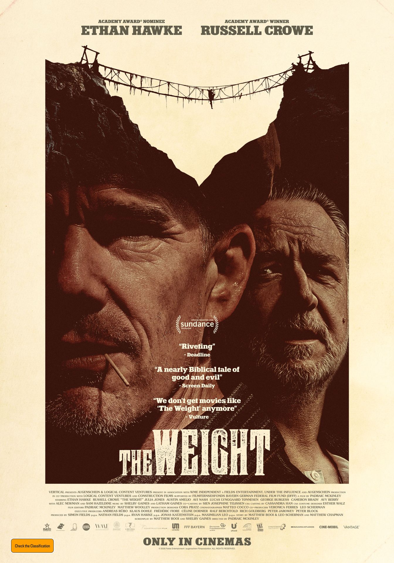 A movie poster of The Weight. Starring Alec Newman, Austin Amelio, Avi Nash, Avy Berry, Cameron Brady, Ethan Hawke, George Burgess, Julia Jones, Lucas Lynggaard Tønnesen, Russell Crowe, Sam Hazeldine. Release date 17 09 2026.