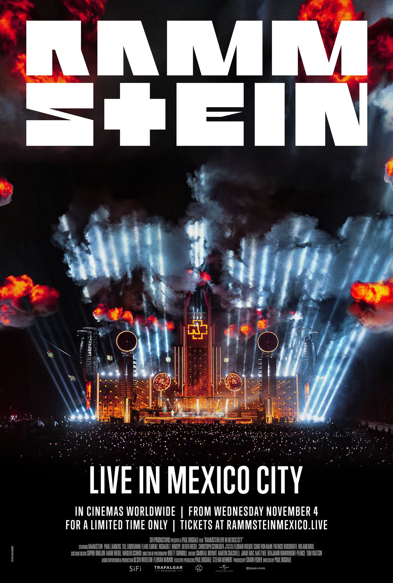 A movie poster of Rammstein - Live in Mexico City. Starring Christian 'Flake' Lorenz, Christoph Schneider, Oliver Riedel, Paul Landers, Richard Z. Kruspe, Till Lindemann.