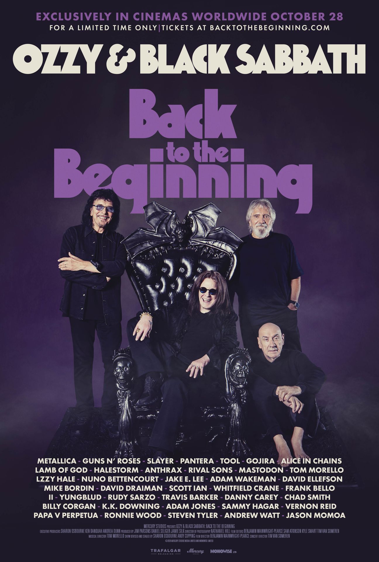 A movie poster of Ozzy & Black Sabbath: Back to the Beginning. Starring Bill Ward, Geezer Butler, Jason Momoa, Kerry King, Lzzy Hale, Ozzy Osbourne, Phil Anselmo, Tom Morello, Tony Iommi, Zakk Wylde.