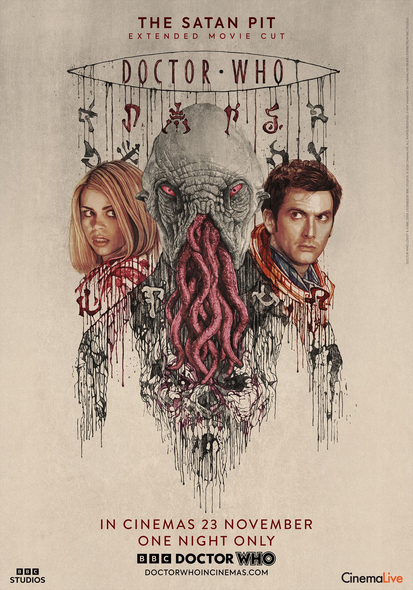 A movie poster of Doctor Who: The Satan Pit. Starring Billie Piper, David Tennant. Release date 23 11 2026.
