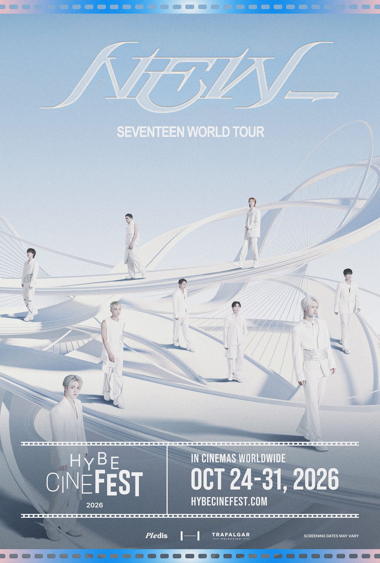 A movie poster of Seventeen World Tour 'New_'. Starring DK, HOSHI, JEONGHAN, JOSHUA, JUN, MINGYU, S COUPS, SEVENTEEN, WONWOO, WOOZI.