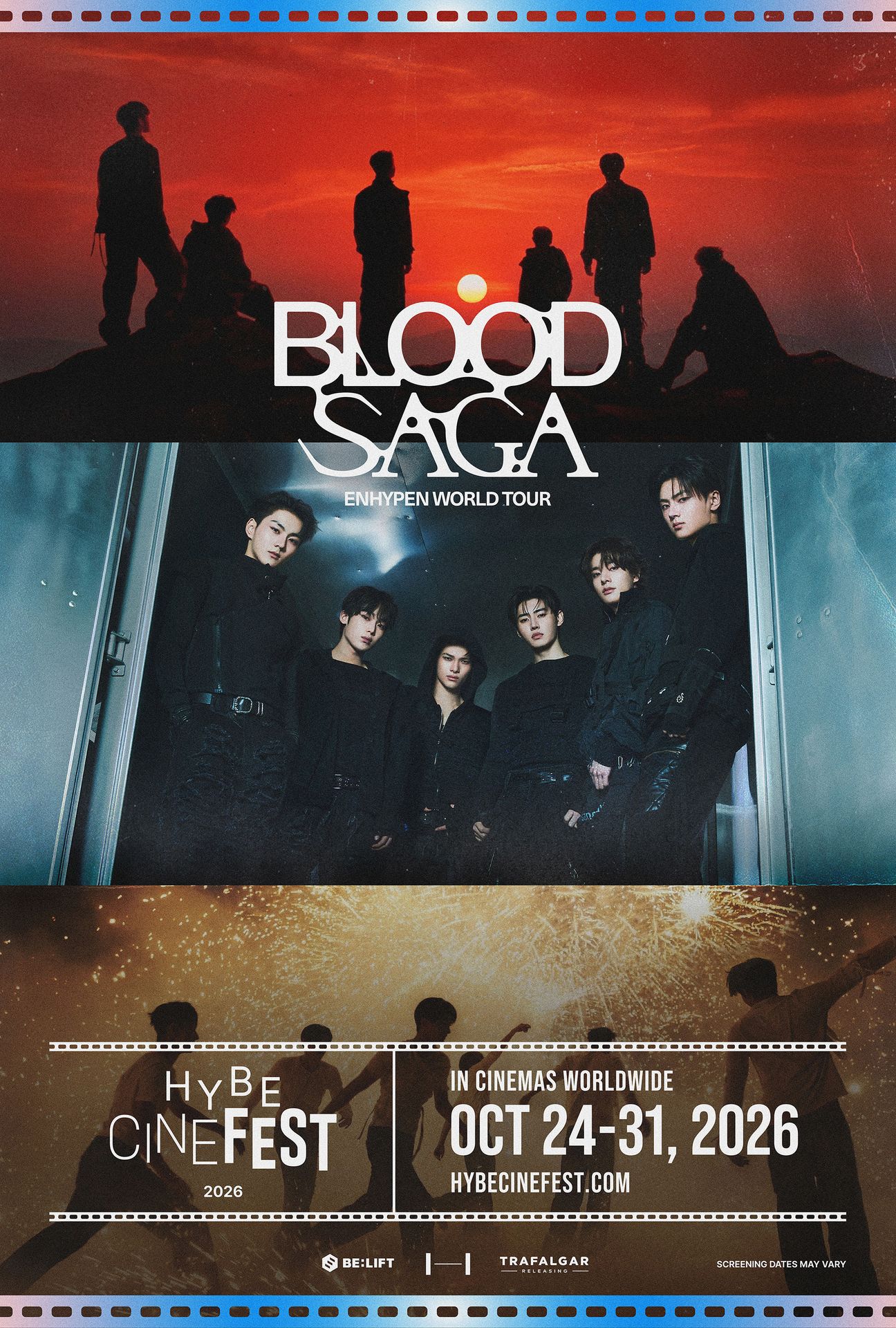 A movie poster of Enhypen World Tour 'Blood Saga'. Starring ENHYPEN, Heeseung, Jake, Jay, Jungwon, Ni-ki, Sunghoon, Sunoo.