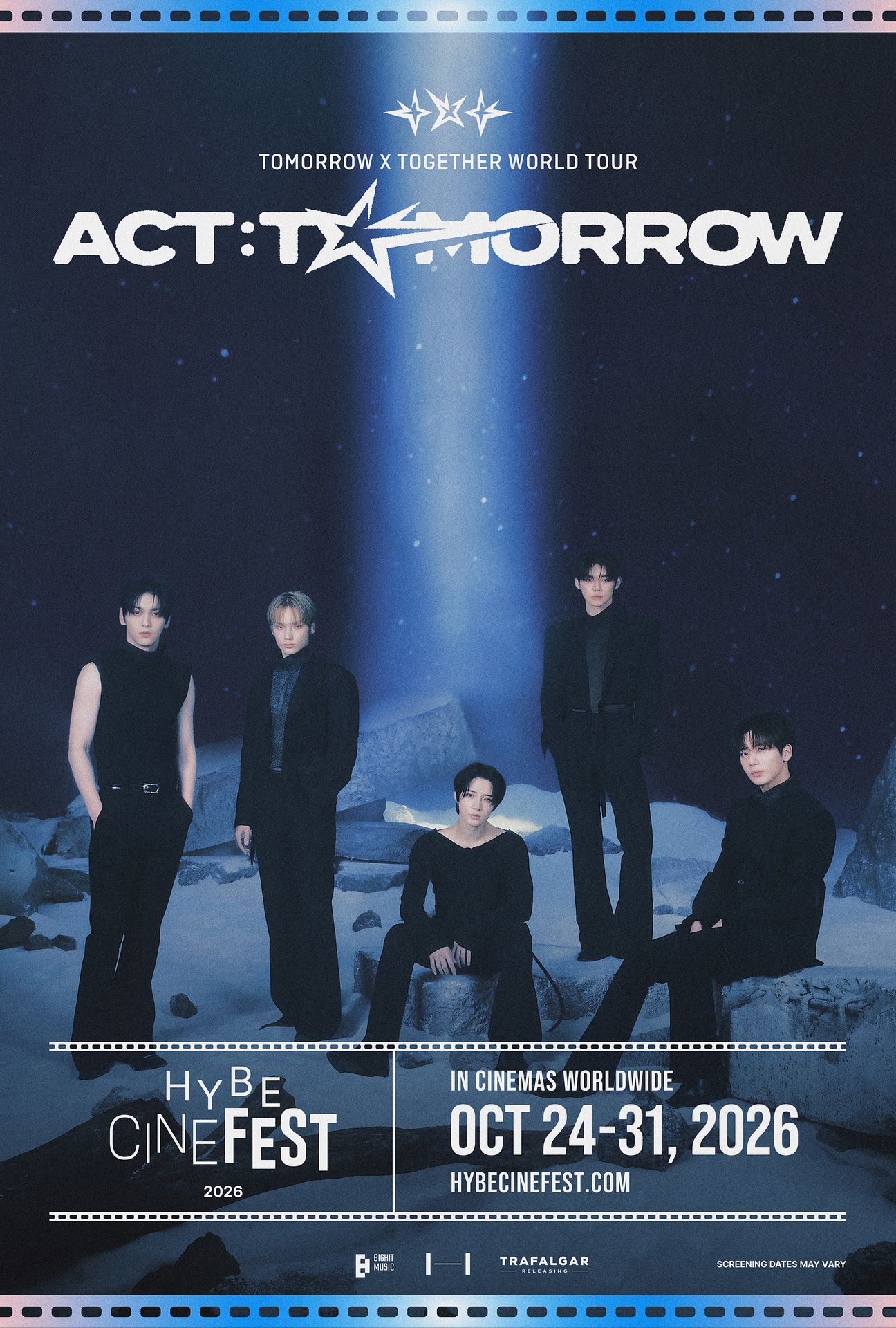 A movie poster of Tomorrow X Together World Tour 'Act : Tomorrow'. Starring Beomgyu, Huening Kai, Soobin, Taehyun, TOMORROW X TOGETHER, Yeonjun.