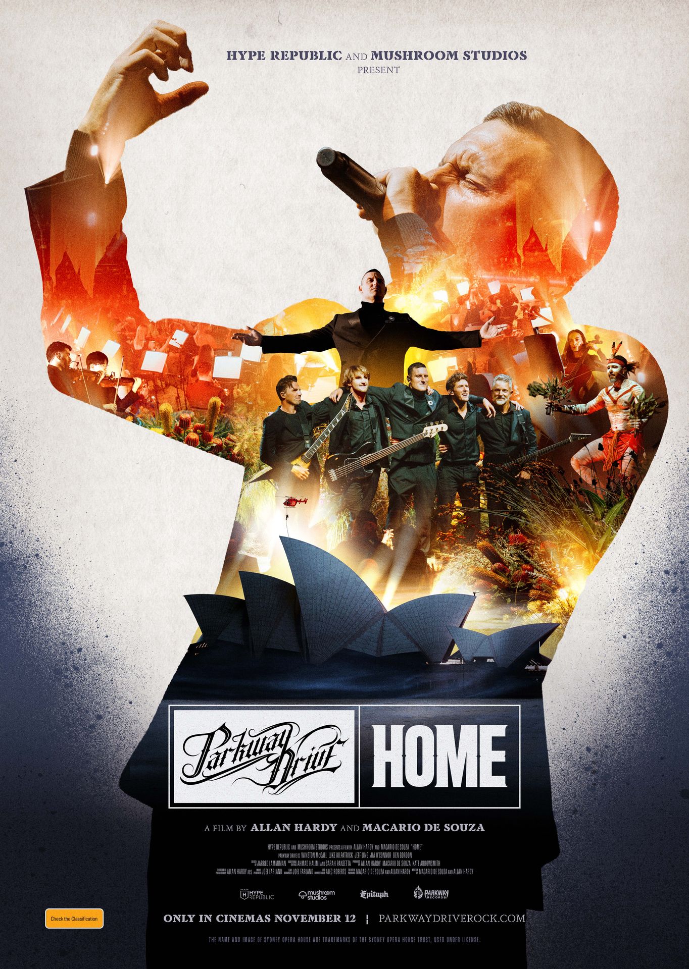 A movie poster of Parkway Drive: Home. Starring Nooky  , Ben Gordon, Luke Kilpatrick, Jeff Ling, Winston McCall, Jenna McDougall, Jia O'Connor, Alec Robert. Release date 12 11 2026.