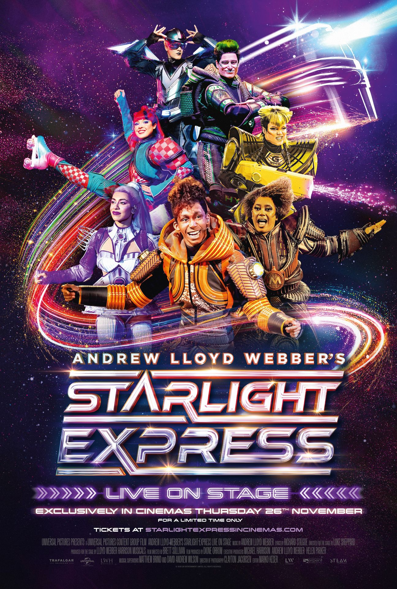 A movie poster of Andrew Lloyd Webber's Starlight Express. Starring Asher Forth, George Jones, Jade Marvin, Jeevan Braich, Olivia Ringrose, Sophie Naglik.